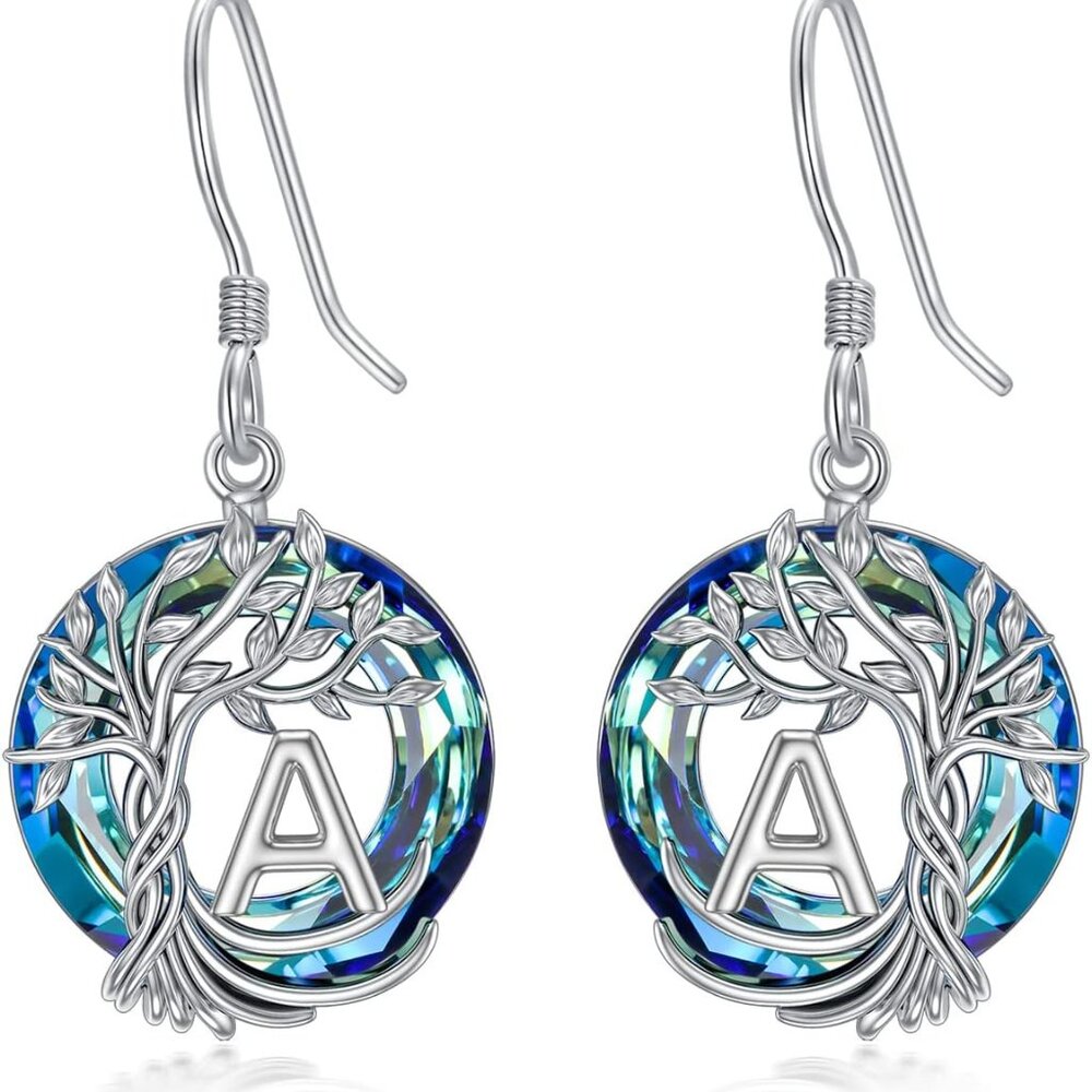 Tree of Life Initial Earrings 925 Sterling Silver A-Z Initial Letter Drop Dangle